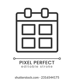 Calendar pixel perfect linear icon. Personal timetable. Appointments schedule. Business meeting date. Thin line illustration. Contour symbol. Vector outline drawing. Editable stroke. Poppins font used