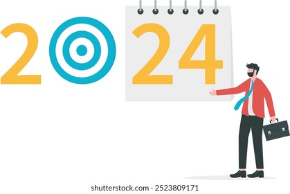 un objetivo de Plan de calendario 2024 Un hombre de negocios arranca una hoja de calendario del año saliente. Despedirse del año que viene. Diseño plano de Ilustración vectorial.

