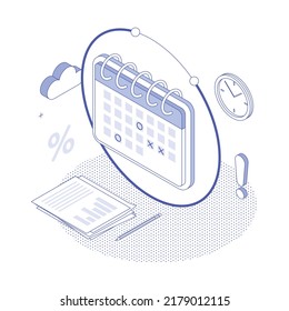 Calendar, plan, presentation, infographic, schedule. Isometric vector illustration flat design isolated. Outline, linear style, line art, editable stroke. 
