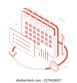 Kalender, Plan, Präsentation, Infografik, Zeitplan. Isometrisches Vektorgrafik-Flachdesign einzeln. Rahmenlinie, Linearstil, Linienkunst, bearbeitbarer Strich. 