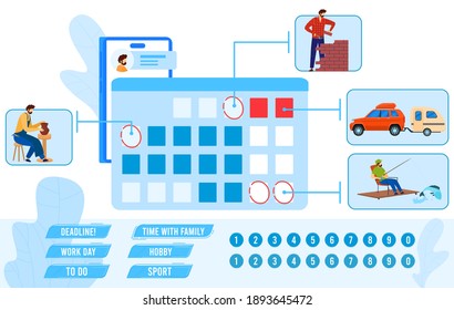 Calendar plan vector illustration. Cartoon flat month time management in personal organizer planner, planning sport vacation, work events deadline, time with family and hobby infographic background