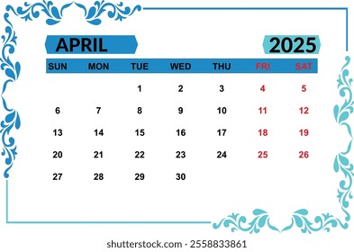 Calendar planner for the 1-30 April. Isolate on white background copy space for your text