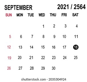 Calendar planner for the 1-30 September 2021, deadline day. Isolate on white background copy space for your text. Vector illustration 