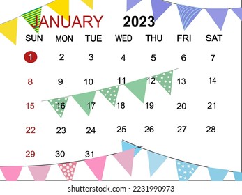 Calendar planner for the 1-31 January 2023. Isolate on white background copy space for your text. Happy new year.