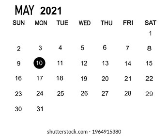 Calendar planner for the 1-31 month May 2021, deadline day. Isolate on white background copy space for your text.