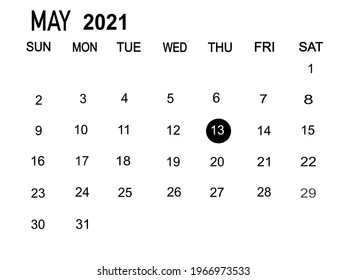Planificador del calendario del 1 al 31 de mayo de 2021, fecha límite. Aísle el espacio de copia de fondo en blanco para el texto. Ilustración vectorial.
