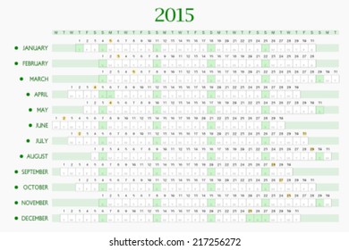 Calendar Planner for 2015. Highlighted sunday, full moon (UTC), Christmas and Easter holidays. 3:2 aspect ratio. Editable. Space for text or logo on the top. 