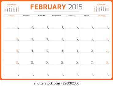Calendar planner 2015 template week starts sunday vector illustration February month