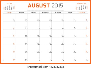 Calendar planner 2015 template week starts sunday vector illustration August month