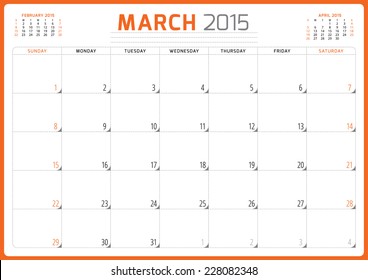 Calendar planner 2015 template week starts sunday vector illustration March month