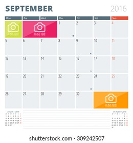 Calendar Planner 2016 Design Template with Place for Photos and Notes. September. Week Starts Monday