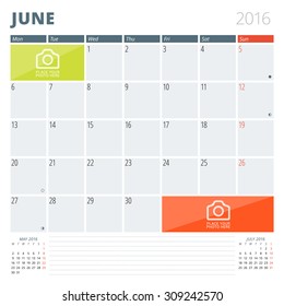 Calendar Planner 2016 Design Template with Place for Photos and Notes. June. Week Starts Monday