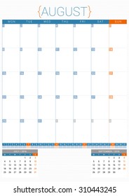 Calendar Planner 2016 Design Template. August. Week Starts Monday