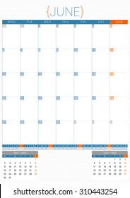 Calendar Planner 2016 Design Template. June. Week Starts Monday