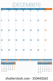 Calendar Planner 2016 Design Template. December. Week Starts Monday