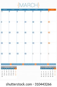 Calendar Planner 2016 Design Template. March. Week Starts Monday