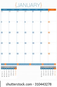 Calendar Planner 2016 Design Template. January. Week Starts Monday