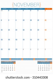 Calendar Planner 2016 Design Template. November. Week Starts Monday