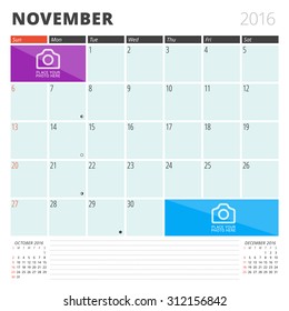 Calendar Planner 2016 Design Template with Place for Photos and Notes. November. Week Starts Sunday