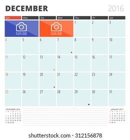 Calendar Planner 2016 Design Template with Place for Photos and Notes. December. Week Starts Sunday