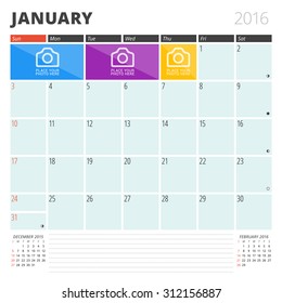 Calendar Planner 2016 Design Template with Place for Photos and Notes. January. Week Starts Sunday