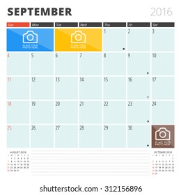 Calendar Planner 2016 Design Template with Place for Photos and Notes. September. Week Starts Sunday