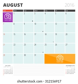 Calendar Planner 2016 Design Template with Place for Photos and Notes. August. Week Starts Sunday