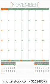 Calendar Planner 2016 Design Template. November. Week Starts Sunday