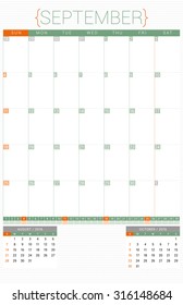 Calendar Planner 2016 Design Template. September. Week Starts Sunday