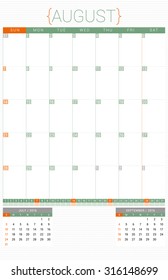 Calendar Planner 2016 Design Template. August. Week Starts Sunday