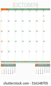 Calendar Planner 2016 Design Template. October. Week Starts Sunday