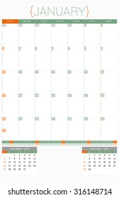Calendar Planner 2016 Design Template. January. Week Starts Sunday