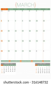 Calendar Planner 2016 Design Template. March. Week Starts Sunday