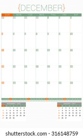 Calendar Planner 2016 Design Template. December. Week Starts Sunday