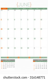 Calendar Planner 2016 Design Template. June. Week Starts Sunday