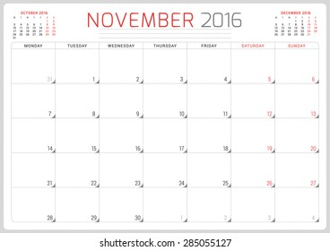 Calendar Planner 2016. Vector Design Template. November. Week Starts Monday