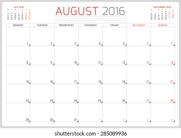 Calendar Planner 2016. Vector Design Template. August. Week Starts Monday