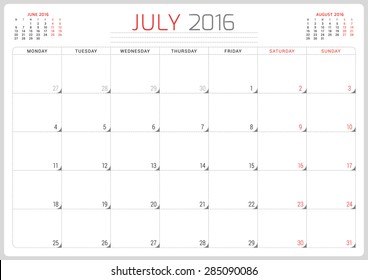 Calendar Planner 2016. Vector Design Template. July. Week Starts Monday