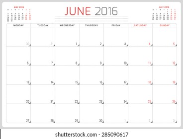 Calendar Planner 2016. Vector Design Template. June. Week Starts Monday