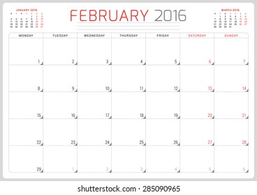 Calendar Planner 2016. Vector Design Template. February. Week Starts Monday