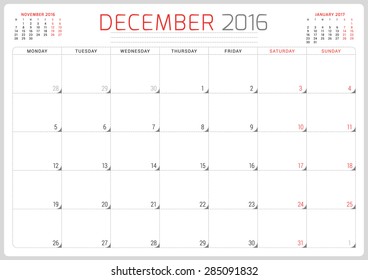 Calendar Planner 2016. Vector Design Template. December. Week Starts Monday