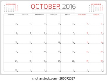 Calendar Planner 2016. Vector Design Template. October. Week Starts Monday