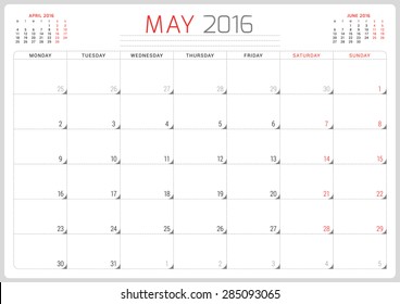 Calendar Planner 2016. Vector Design Template. May. Week Starts Monday