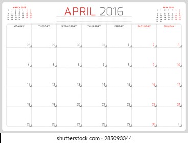 Calendar Planner 2016. Vector Design Template. April. Week Starts Monday