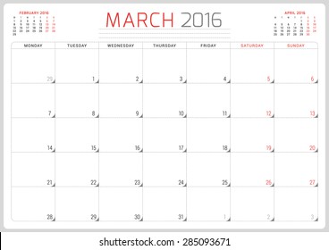 Calendar Planner 2016. Vector Design Template. March. Week Starts Monday