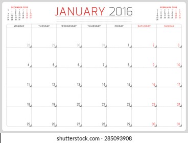 Calendar Planner 2016. Vector Design Template. January. Week Starts Monday