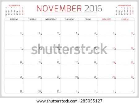 Calendar Planner 2016. Vector Design Template. November. Week Starts Monday