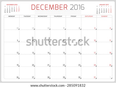 Calendar Planner 2016. Vector Design Template. December. Week Starts Monday