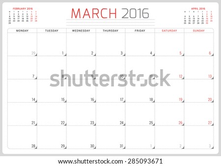 Calendar Planner 2016. Vector Design Template. March. Week Starts Monday