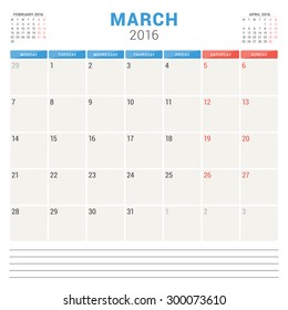 Calendar Planner 2016. Vector Flat Design Template. March. Week Starts Monday